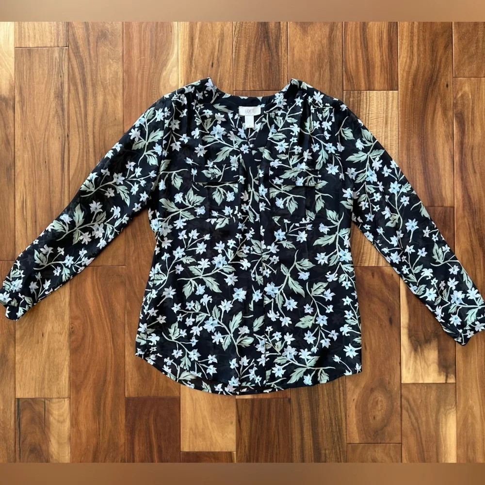 LOFT Black Floral Sheer Blouse size Small